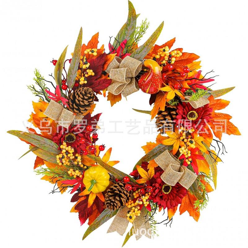 Harvest Wreath With Pumpkins Berries Vine Circle Halloween Thanksgiving Door Decor