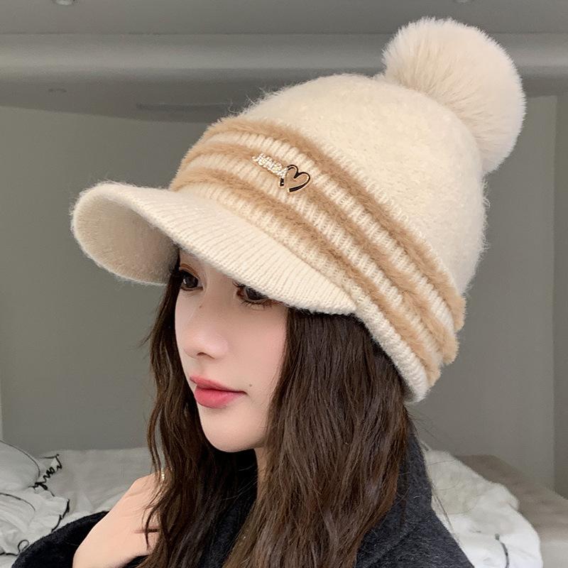 New Autumn and Winter Striped Hat Outdoor Plush Windproof Wool Hat Girl Hairball Ear Protector Knitted Cap