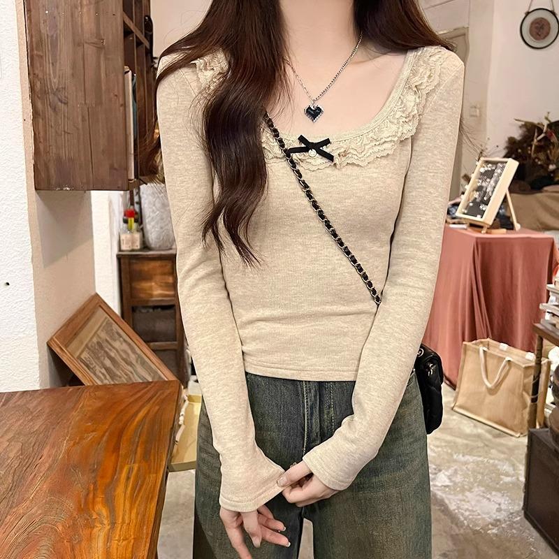 High-end U-neck Clavicle Sexy Bottoming T-shirt for Women In Spring and Autumn Pure Desire Lace Patchwork Waist Slimming Inner Wear