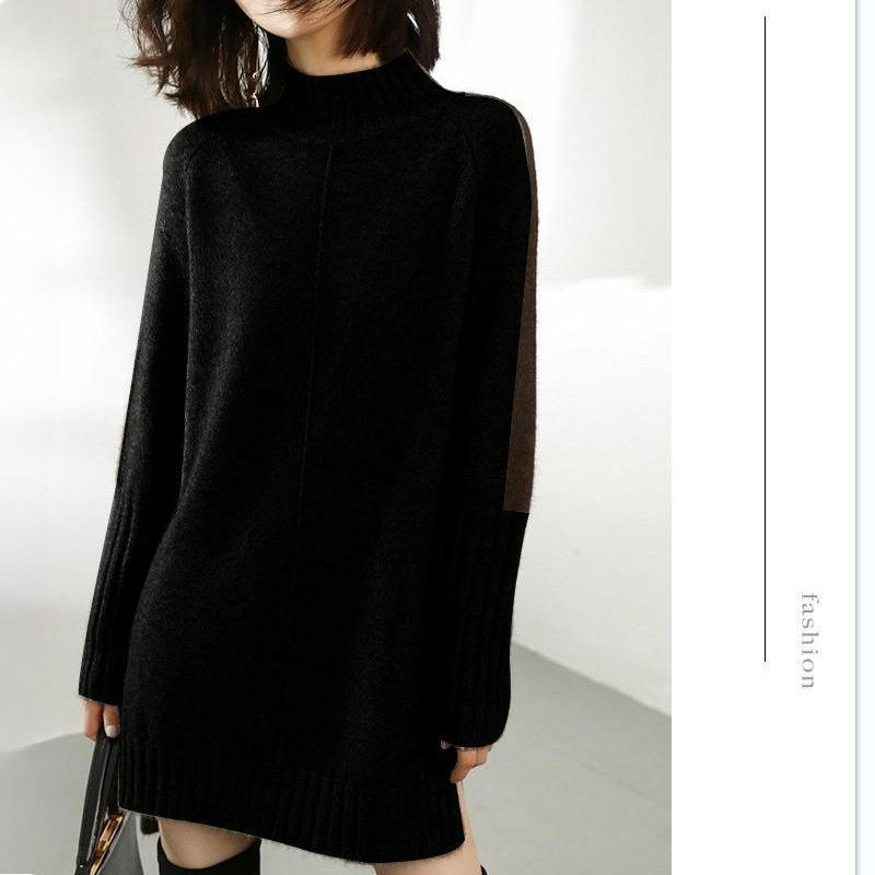 

Autumn Half-turtleneck Color Matching Dress Sweater Ladies Mid-length Blouse Loose Plus Size Knitted Skirt XXL