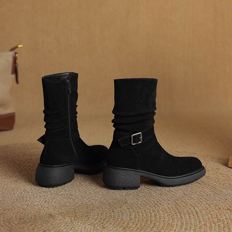 Krazing Pot Cow Suede Nubuck Pleated Decoration Autumn Winter Shoes Chunky Heels Size 43 Size 42 Round Toe Zipper Retro Fashion Mid-calf Boots