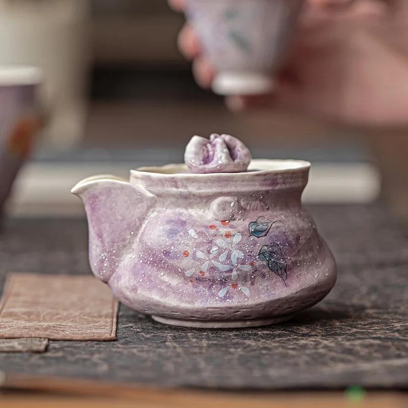 120ml Hand Painted Hydrangea Porcelain Kettle Purple With Handle Small Teapot Tea Ceremony Set Tea Jasmine Teaware Type