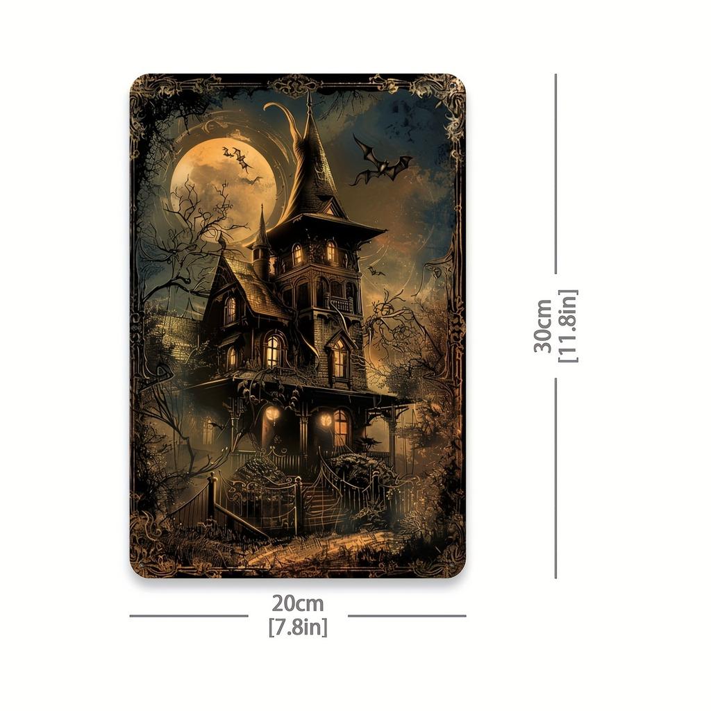 Spooky Halloween Witch Hat & Haunted Castle Vintage Metal Tin Sign - Gothic Wall Decor with Full Moon, Bats, and Eerie Design fo