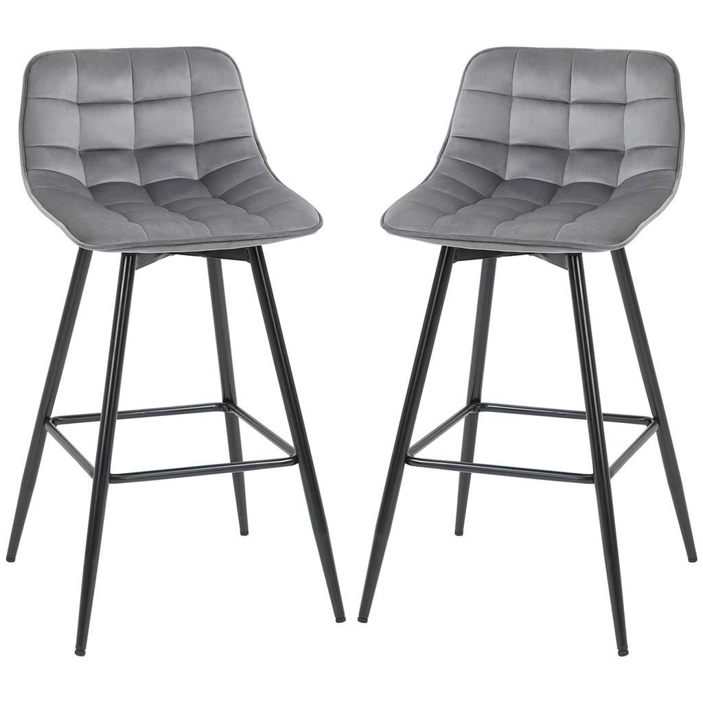 Set of 2 Tall Stools In Nordic Style with Backrest and Footrest, Stools with Backrest In Velvet Effect Fabric and Metal, 45x47x88 Cm, Grey
