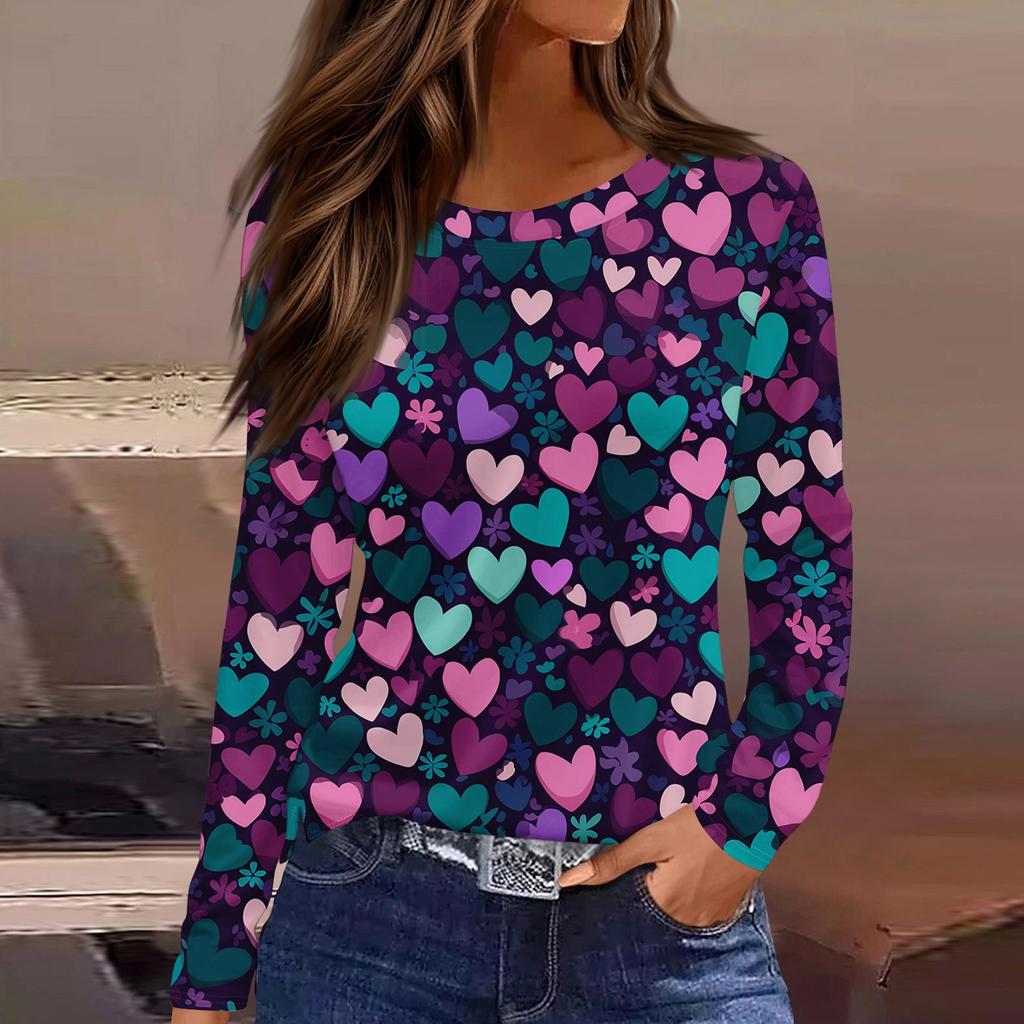 Women's Fashionable Long-Sleeved Round Neck Top with Slit Hem and Valentine's Day Heart Print