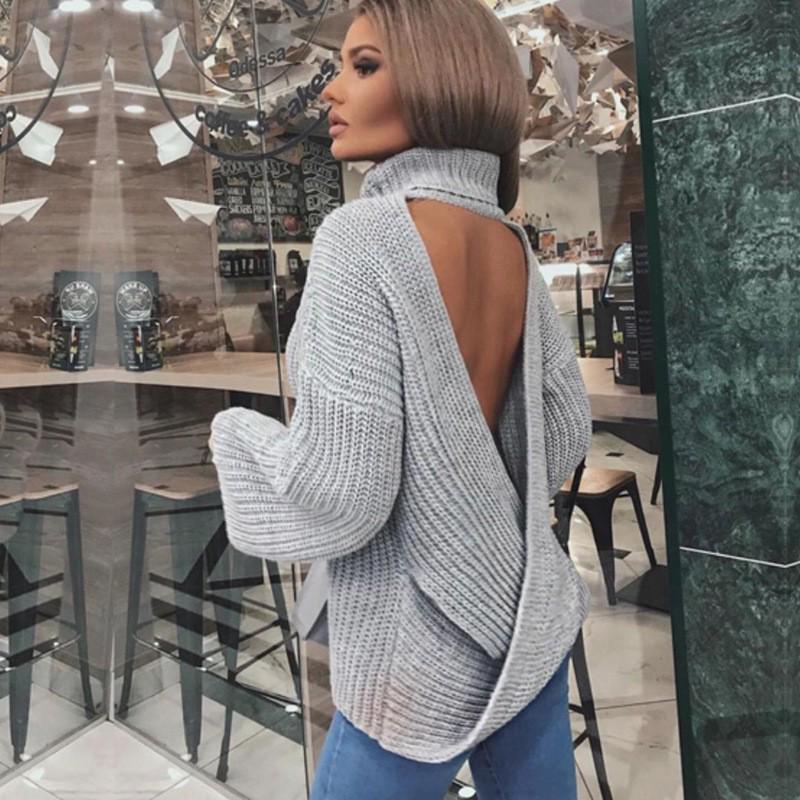 2025 European & American Women's Long Sleeve Backless Knit Top - Sexy High Neck Outerwear