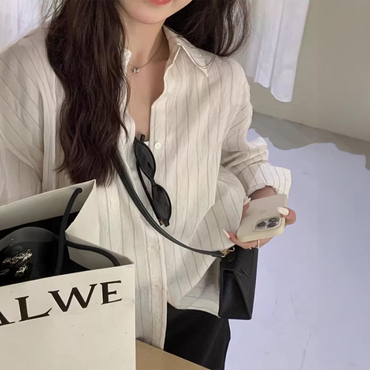 

Повседневный полосатый кардиган-рубашка с длинным рукавом на пуговицах для женщин 2025 Осень и Зима S абрикосовый