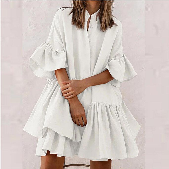 Sommer Einfarbiges Sonnenkleid Sexy Bindevorderteil Elastische Taille Gestuftes Rüschen-Layer Blumen Ballon Langarm Lockeres Kleid