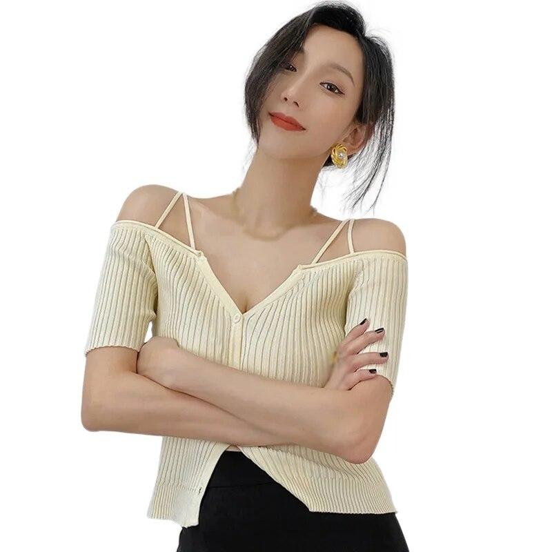 Women's Solid Slash Neck Strapless Slim Exposed Navel Knitted Short-Sleeved T-shirt Tops