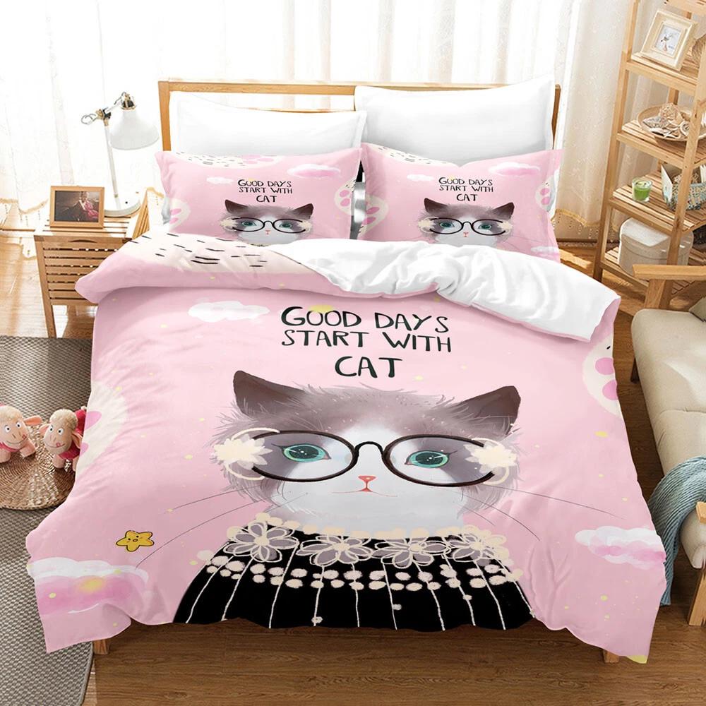 

Cute Glasses Cat Duvet Cover, Pink Kawaii Bedding Set, Sweet Bed Cover for Girls Home Decor, Perfect Gift for Twin/Queen/King Size Beds Baby 100x135cm