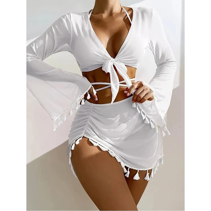 Neuer einfarbiger sexy Bikini dreiteiliger Badeanzug Damen Netzbluse Strandrock Badeanzug