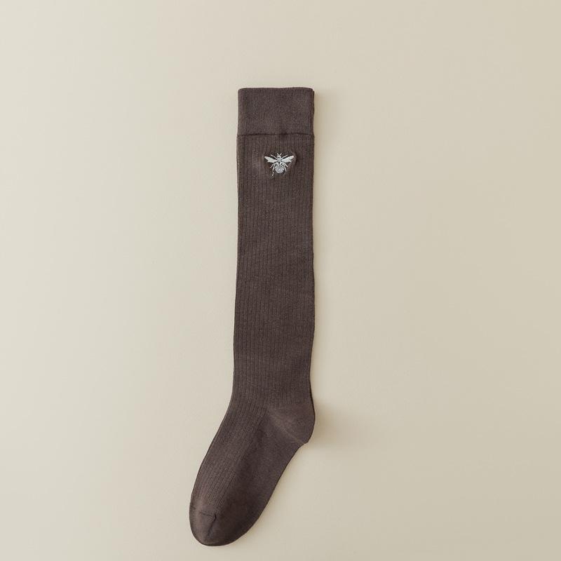 Women Stockings Bee Embroidery Long Socks Solid Color Black White Gray Stockings Knitted Cotton Knee Socks Women Stockings