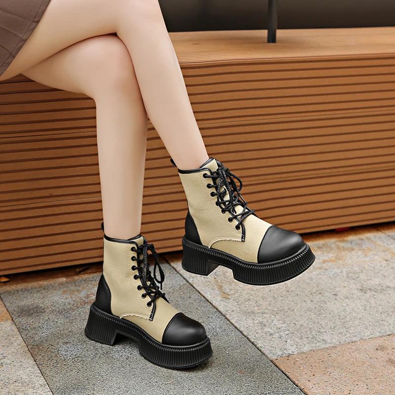 Fashion Women's Shoes Fashion Lace Up Women's Boots Autumn British Style Round Toe Mixed Colors Short Barrel Block Heel Large Size Boots