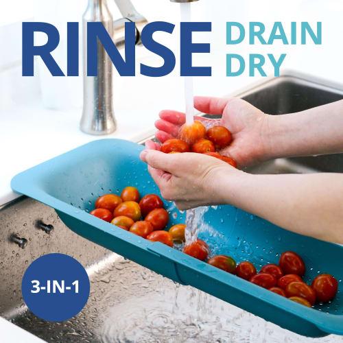 Blue Ginkgo Over-the-Sink Drainer Basket - Wash Vegetables and Fruits, Drain Boiled Pasta, and Dry Dishes - Expandable - A New Home Kitchen Essentials