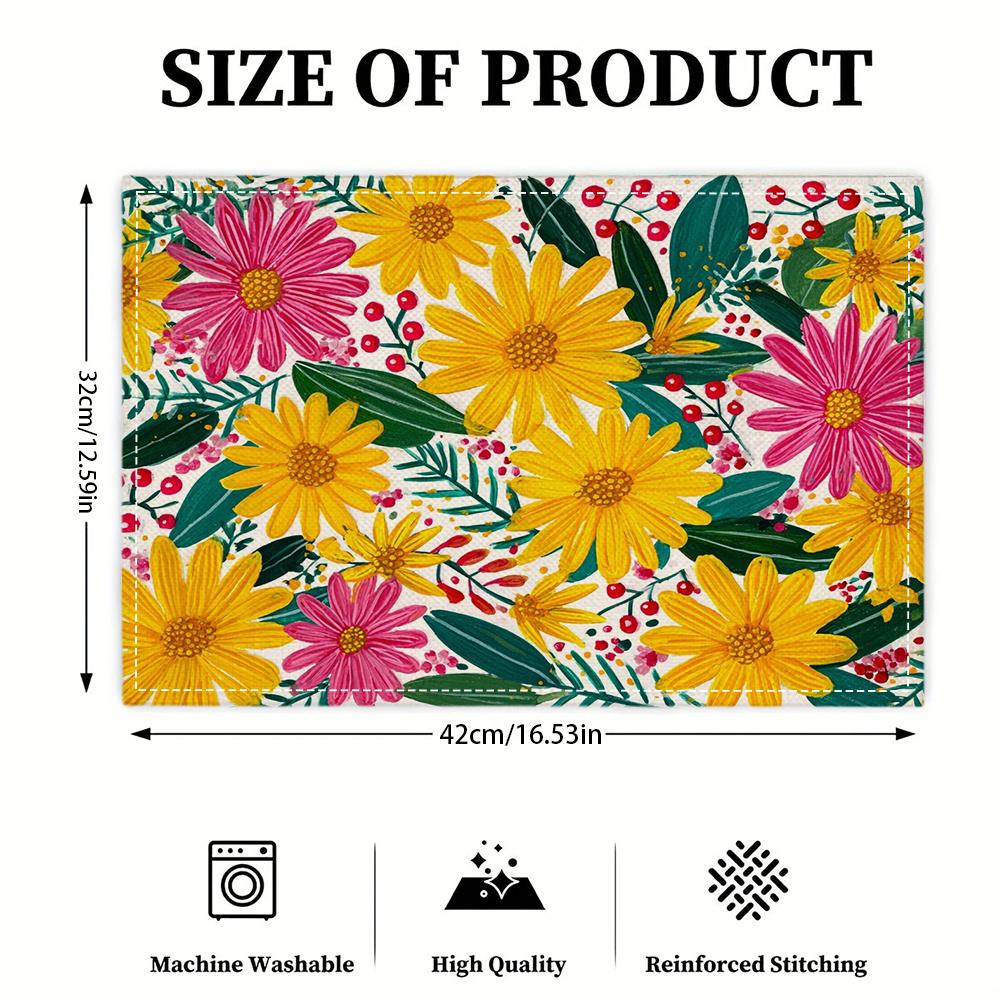 4pcs 2D Flat Digital Print Placemats, Yellow and Pink Floral with Green Leaves Pattern, Enhance Your Dining Space, Perfect for Coffee Tables, Dining