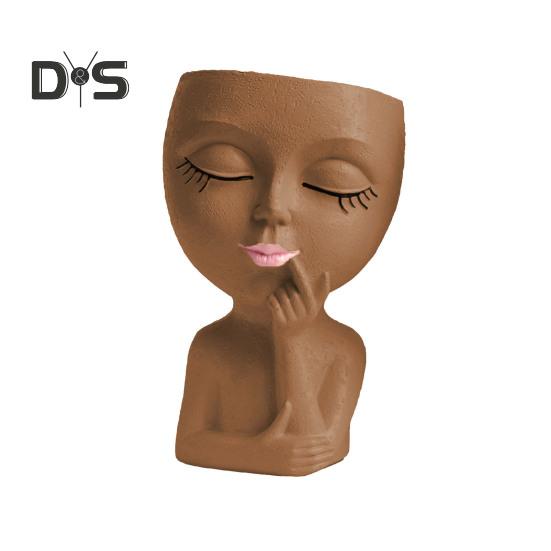 

Горшок для лица с дренажным отверстием из смолы 3D Женская фигурка головы Цветочный горшок Крытый уличный контейнер для растений Домашний балкон Украшение сада коричневый