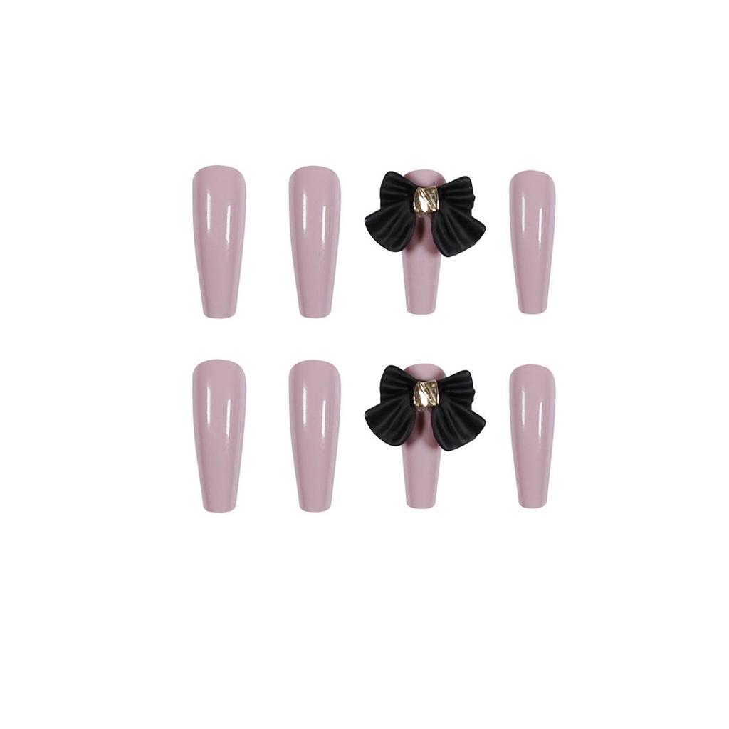 Long Taro Purple Bow Ballet Wearable Fake Nails with Removable Art Stickers