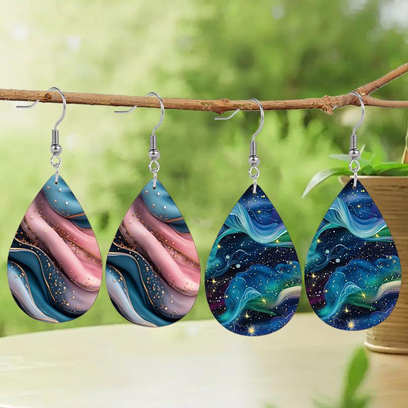 Boho Abstract Pink Blue Gilter Quicksand Print PU Earrings for Women Chic Spring Summer Blue Starry Sky Double Sided Print Waterdrop Earrings