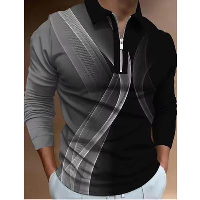 Light Blue Long Sleeve Polo Shirt Men's Casual Button-Up Shirt with Zipper Collar & Chest Pocket Regular Fit Spring/Fall Apparel