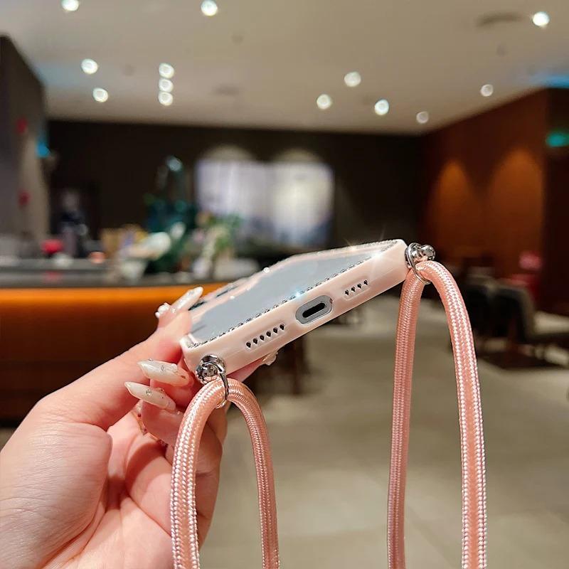 Diamond Glitter Crossbody Necklace Lanyard Case For iPhone 16 16E 11 12 13 14 15 Pro Max Plus Bling Transparent Soft Cover