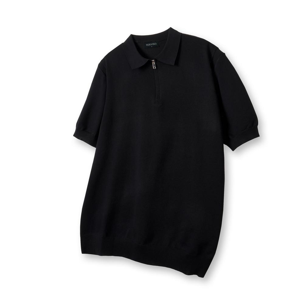 HERVINO Soft Half-Zip Muscle Fit Collared Short Sleeve Knit [Black]