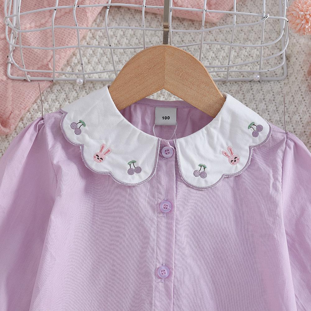 Bluză mov cu mâneci lungi pentru fetițe, cu broderie iepuraș, guler Peter Pan, primăvară-toamnă, îmbrăcăminte copii 2-6 ani