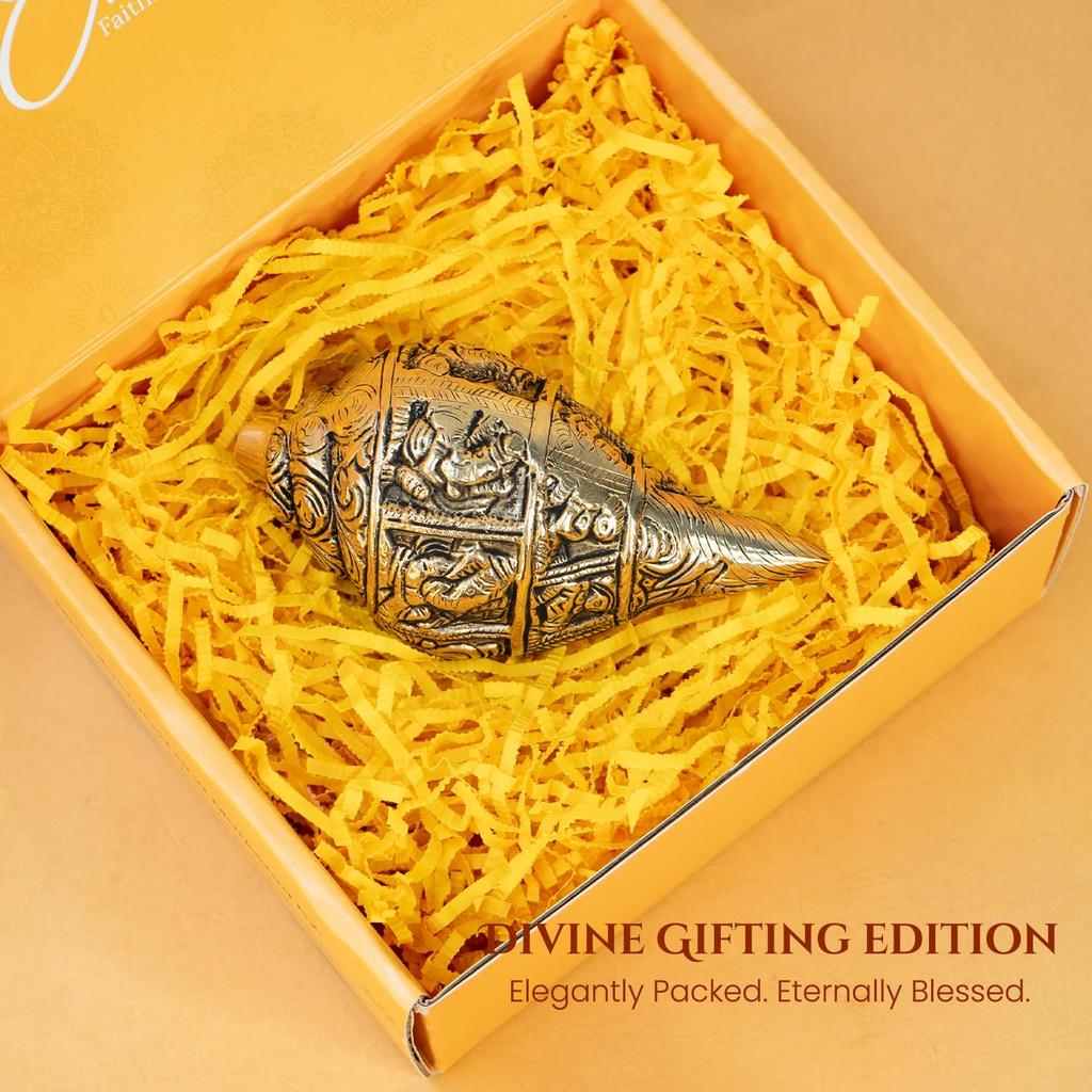 Ekhasa 100% Pure Brass Shankh with Gift Box | Ganesha Carving Pital Shankha Showpiece for Pooja Mandir Temple Home Decor | Religious Housewarming