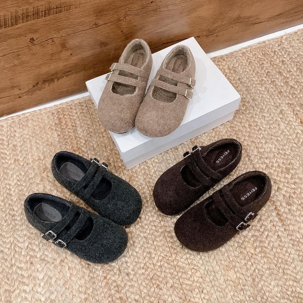 Wełniana wersja retro dwurzędowe wełniane płaskie buty Mary Jane damskie pojedyncze buty zimowe pluszowe ciepłe bawełniane buty puszyste buty