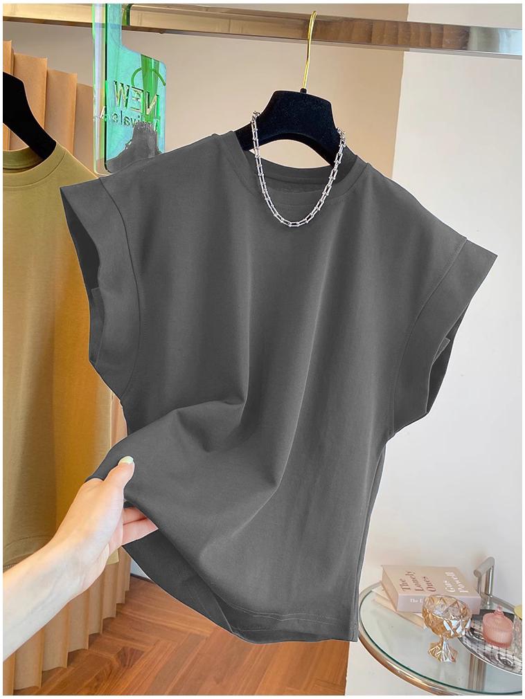 

Футболка с рукавами-лепестками и круглым вырезом: Женский однотонный свободный летний топ тренд M серый