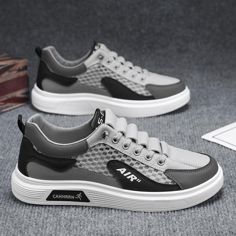 2024 summer thin breathable mesh casual flat baseplate shoes elastic band foot cover leather splicing sports men's shoes