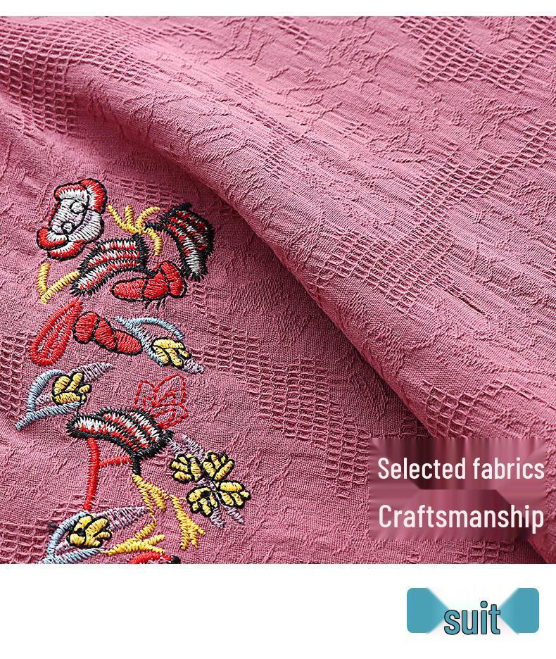 Haut brodé en coton style chinois à manches courtes pour femmes âgées - Ensemble t-shirts d'été pour mamans et grands-mères