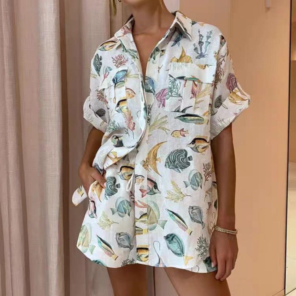 Women's Loose Fit Two Piece Matching Set Short Sleeve Shirt High Waist Printed Shorts Ocean Fish Print Leisure Co-ord Outfit for Summer Vacation
