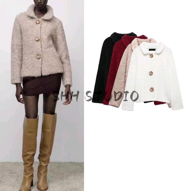 Spring New Women clothes French style Flower Shape Decorated Row Button Artificial Fur Effect Knitting Outerwear 9598175