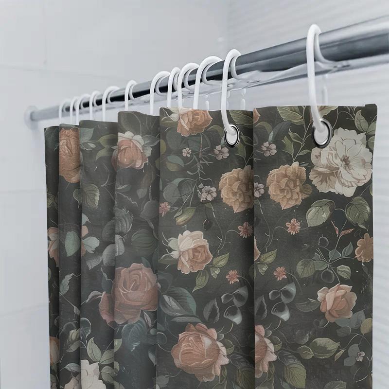 Luxury Floral Print Shower Curtain Dark Green Beige Colorful Water Repellent Bath Room Decoration Waterproof Curtain For Home De