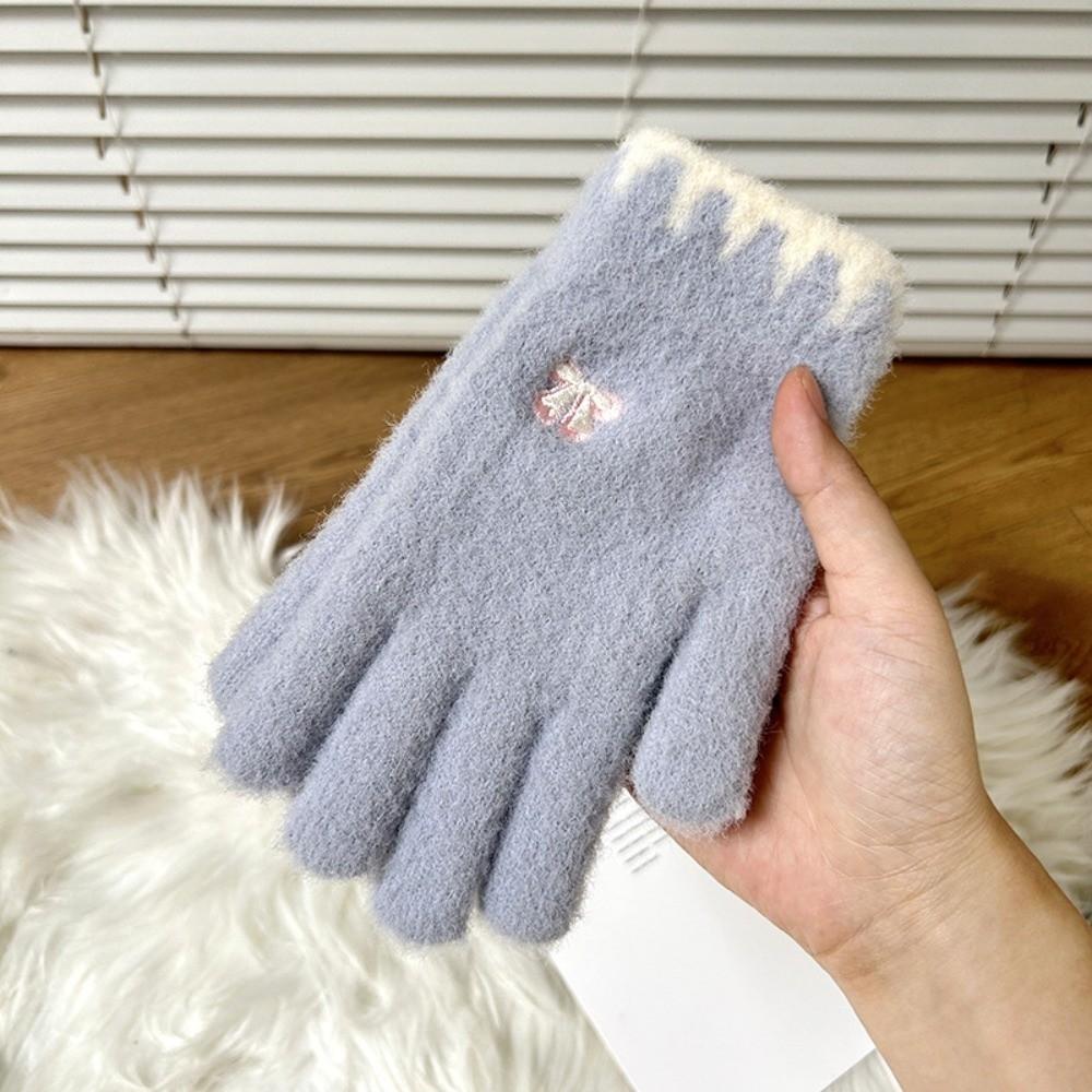 Plush Warm Full Finger Gloves Bow Embroidered Winter Knitted Gloves  Cold Weather Activities