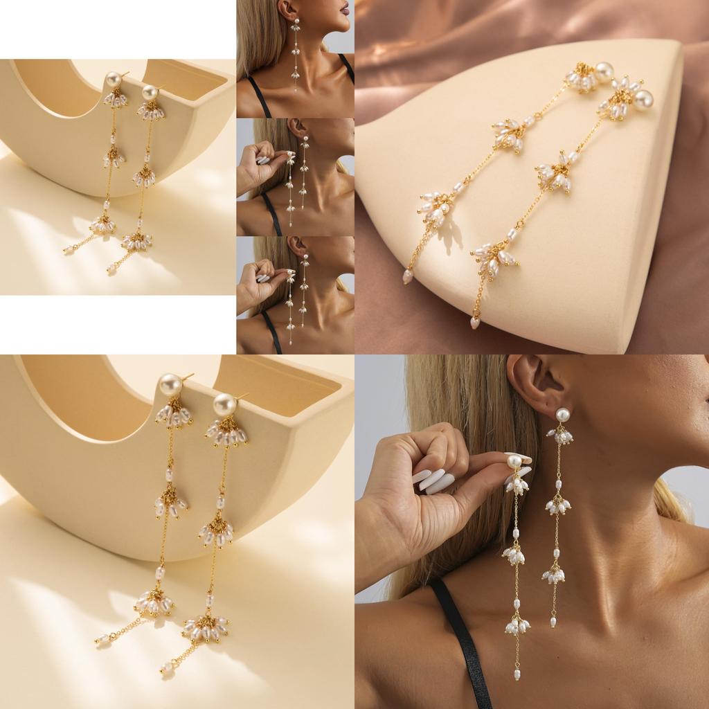 Stylish Copper Gold Chain Dangle Earrings With Faux Pearl Accents