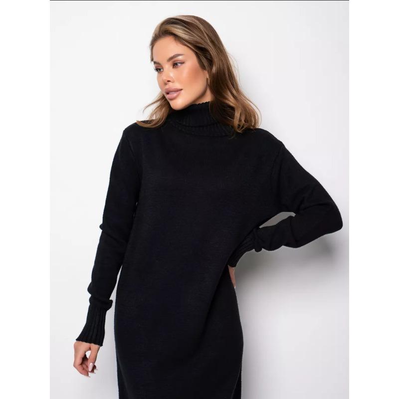 Abito Maglione Midi da Donna a Collo Alto Largo a Manica Lunga in Maglia Tinta Unita