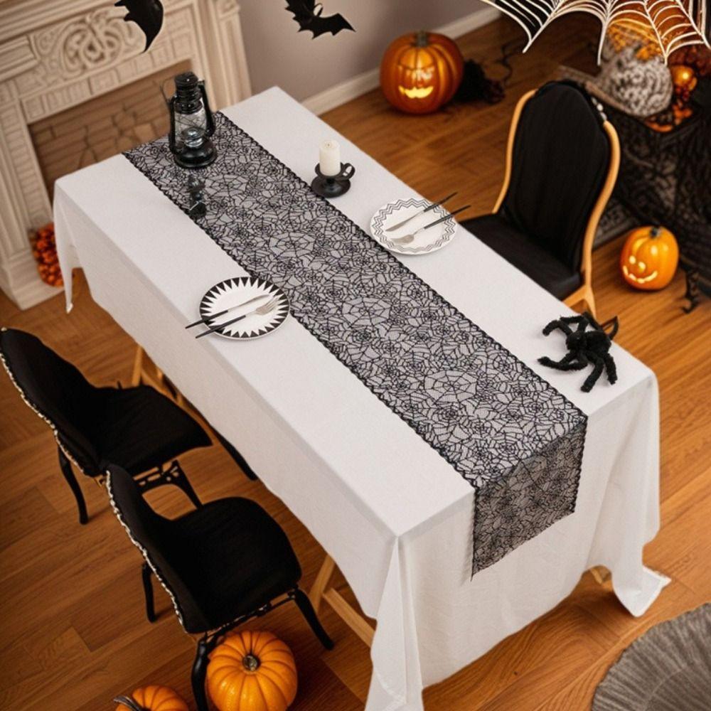 Cover Black Color Halloween Runner Long Length Lace Material Spider Web Runner Gothic Style Hollow Out Runner Home Decor