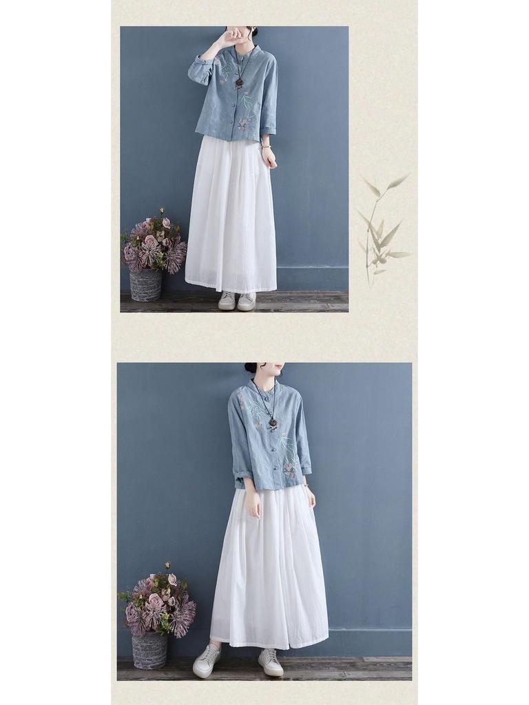 Chemise Vintage Broderie Chinoise Coton Lin Col Montant - Printemps/Automne 2025