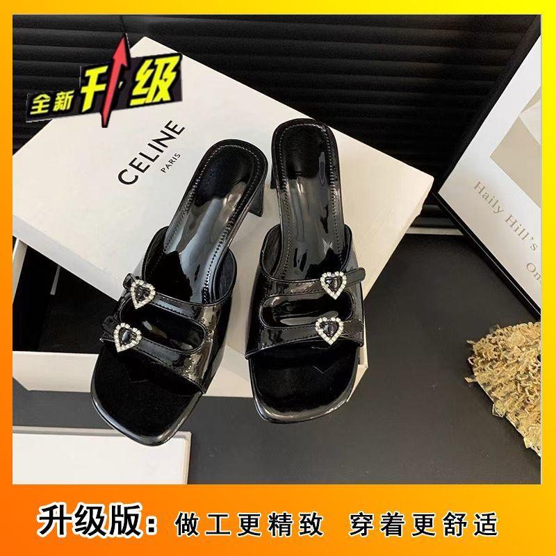 Rhinestone Love Square Head One-word High-heeled Slippers Fairy Open-toed High-heeled Shoes Temperament Thick-heeled Sandals 2025 Summer