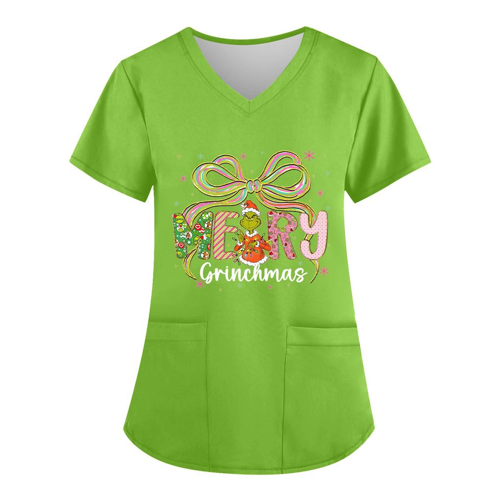 Women's V-neck Christmas Print Short-sleeved Pocket Side Slit Uniform Top