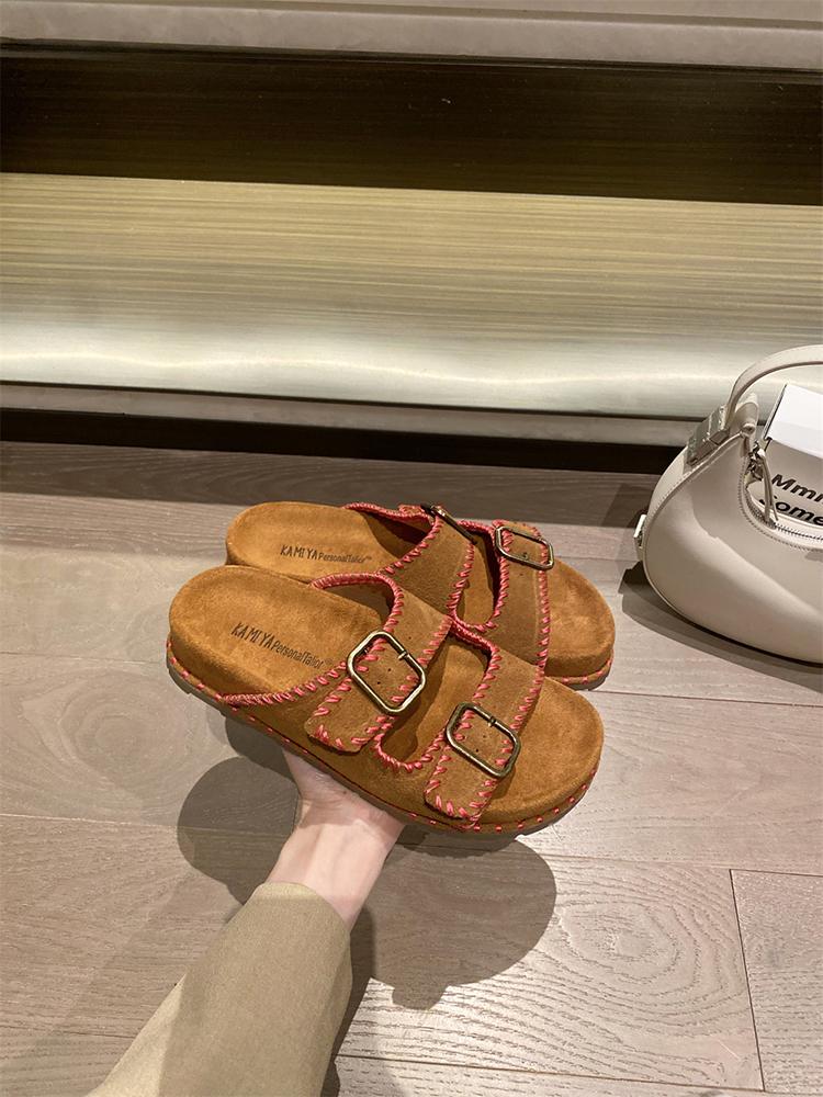 Fashion 2025 New Summer Slippers Split Leather Shoes Retro Flats Slip-on Sandals Beach Slides Leisure Walking Shoes Zapatos Para Mujer