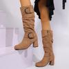 Autumn and winter new long boots for women, but mid-knee boots, suede high-heeled belt buckle for women's boots