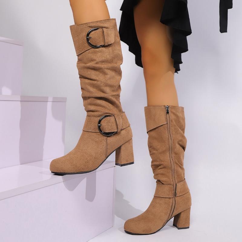 Autumn and winter new long boots for women, but mid-knee boots, suede high-heeled belt buckle for women's boots