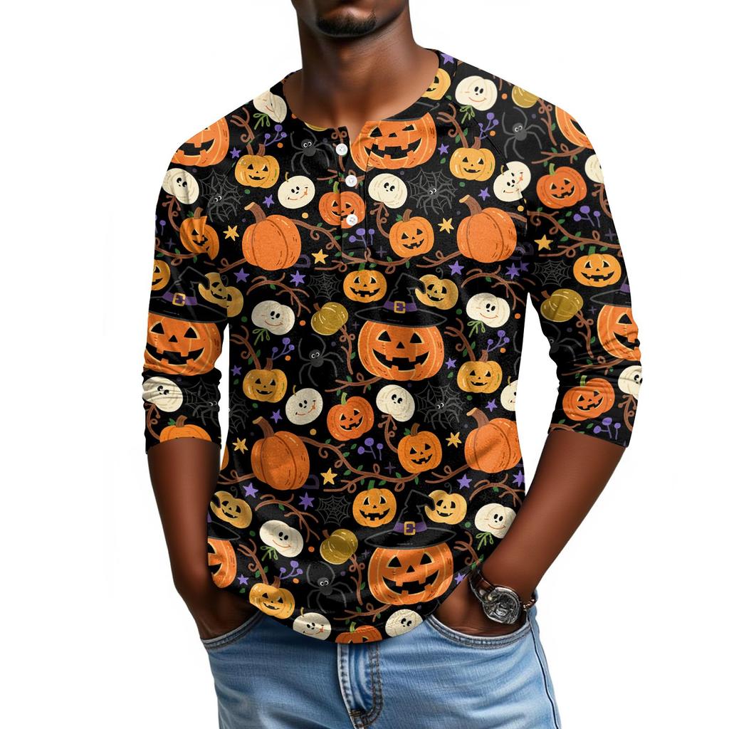 Men's Casual Halloween Print Henley Shirt Three Quarter Sleeve Raglan Top Lightweight Breathable Fabric Comfortable Fit
