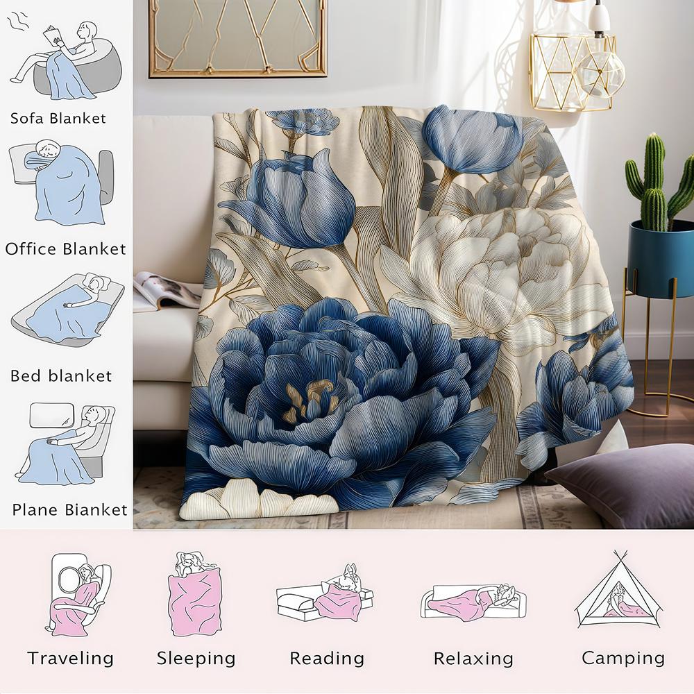 Vintage Blue Tulip Flannel Blanket Warm Soft Halloween Christmas Couch Warm Cozy Decorative Decor Gift for All Season