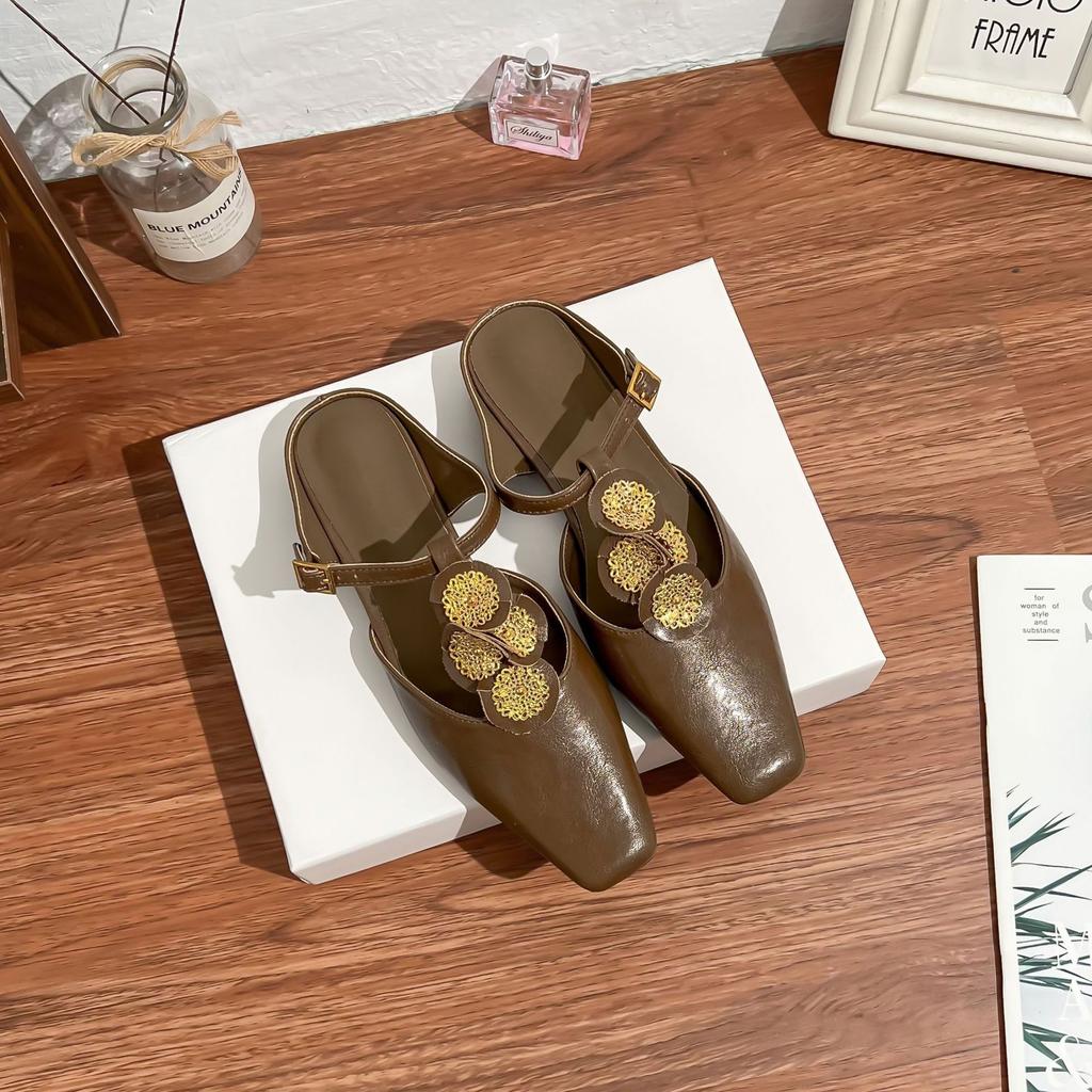 French Semi-drag Sandals Women's Rear Empty T-band French Flat-soled Muller Shoes Bag Head Fashion French Soft Leather Single Shoes Women