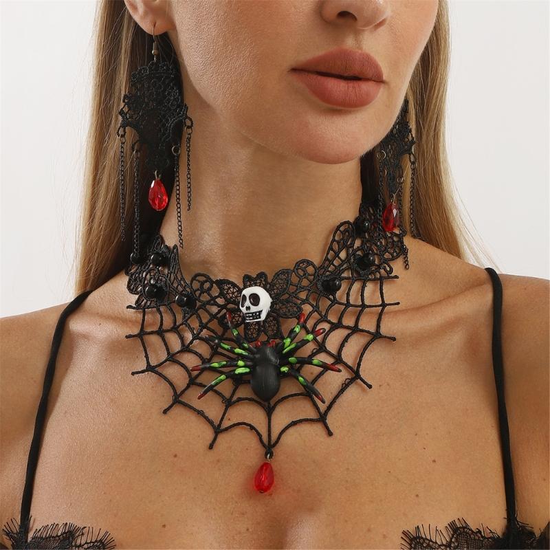 Steampunk Gothic Lace Choker Necklace Rhinestones Earrings Halloween Costumes Jewelry Women for Wedding Cosplay Party