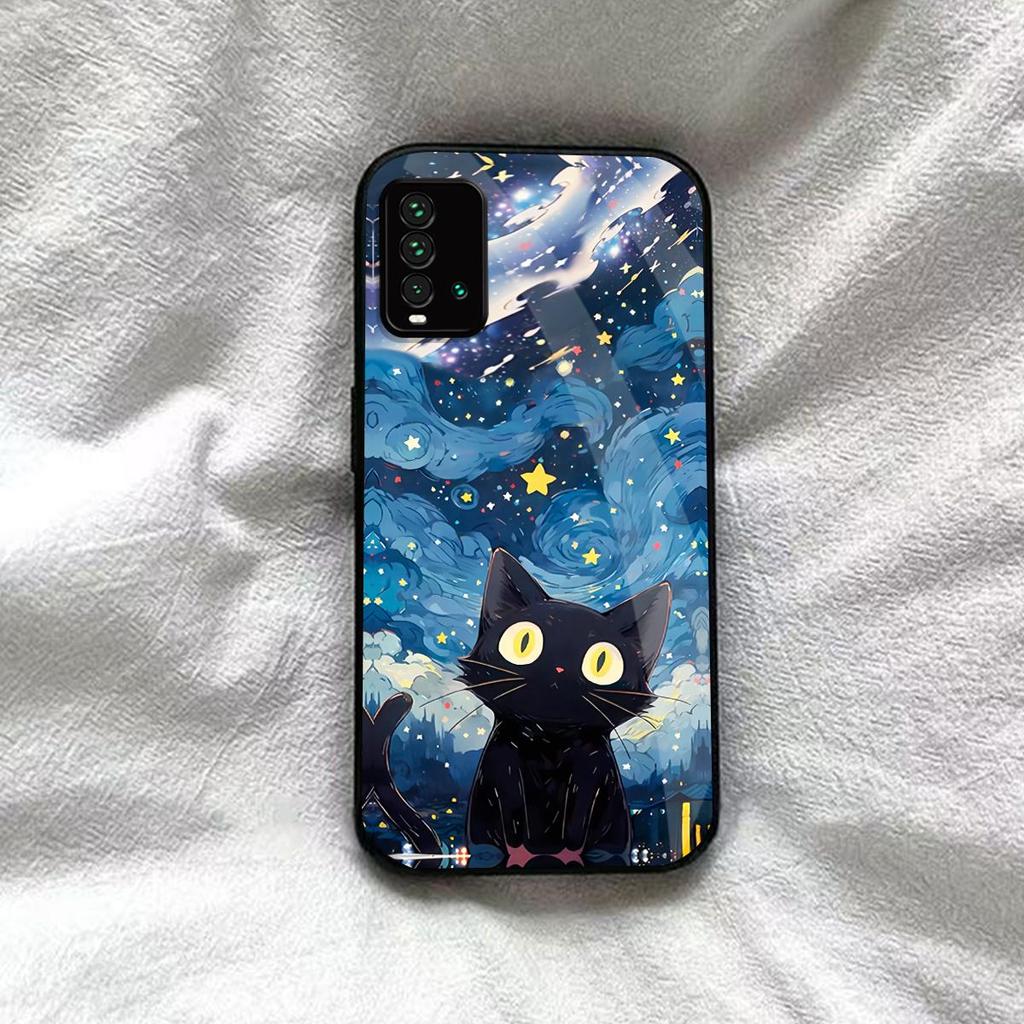 Case for Xiaomi Redmi 9T Anime Black Cat Starry Cloud Print Phone Cover Acrylic Hard Back Shell With Flexible TPU Edge