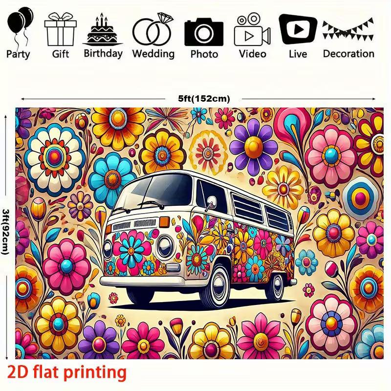 2D Groovy Hippie-Bus Kulisse Retro Blumenmuster Studio Fotografie Hintergrund